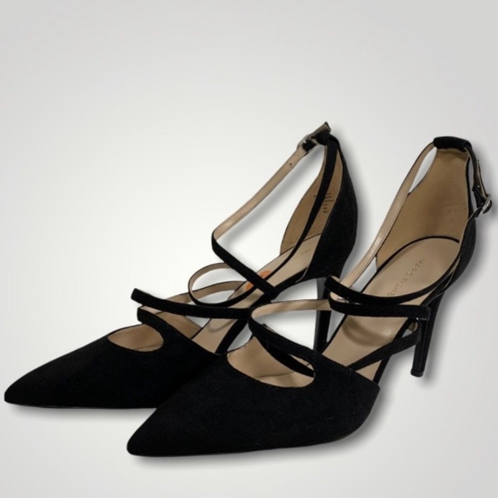 MARC FISHER NESTOR BLACK LEATHER SUEDE STRAPPY HIGH HEELS SANDALS SIZE 9 EUC